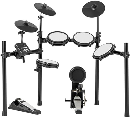DREAMADE E-Drum-Set, elektronische Schlagzeug mit Quiet Mesh Pads, 225 Sounds & USB MIDI, E-Schlagzeug mit Dual Snare, 3 Becken, 2 Pedalen, Drumsticks, Kopfhörer & Hocker, für Anfänger & Kinder