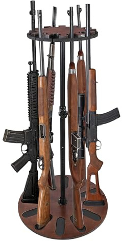 QUEENSDOWN Soporte para armas giratorio de 360 grados, altura ajustable de 24 niveles para 12 rifles, almacenamiento seguro con madera maciza renovable y acolchado de EVA, ideal para uso seguro para