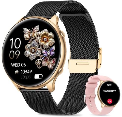 Smartwatch Donna con Effettua/Rispondi, 1.39 Fitness Orologiocon con Fisiologia Femminile, 24H Cardiofrequenzimetro, SpO2, Sonno, 2 cinturini, Contapassi, 120+Sport Smart Watch Android iOS Noir Or