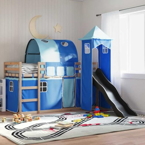 QZZCED Letto a castello in legno massello di pino con scivolo e scala, letto a soppalco con ringhiere di sicurezza su 4 lati per spazi ridotti, struttura robusta e doghe in legno
