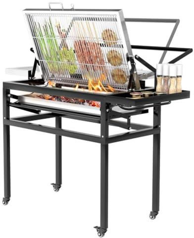 Parrilla de carbón portátil con carrito resistente, diseño cuadrado extraíble giratorio de 360°, ruedas de pie para acampar al aire libre y barbacoa en el jardín