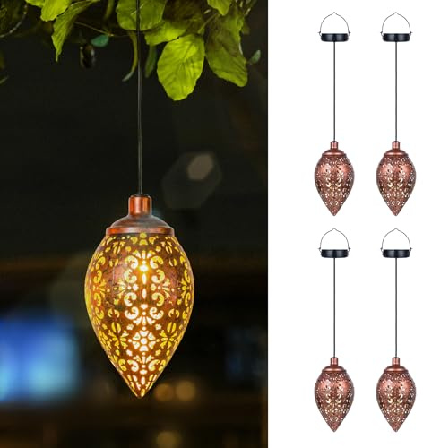 Görvitor Solarlampen für Außen Garten 4 Stück Hängend, Solarlaterne für Außen Hängend Vintage Metall, IP65 Wasserdicht Solar Laterne Warmlicht für Balkon Patio Garten, Gartengeschenke für Frauen