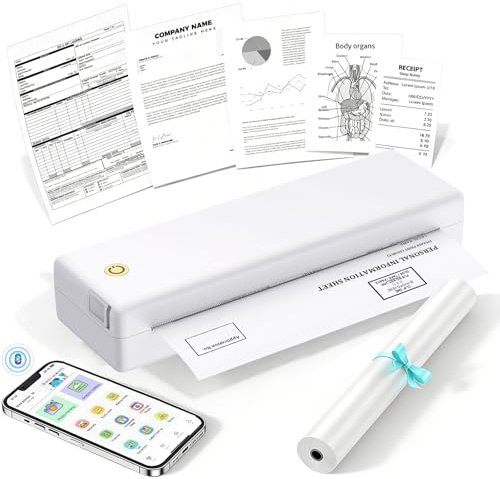 eSynic Impresora Portátil A4 sin Tinta Impresora Térmica Bluetooth Mini Impresora Móvil Impresora Compacta Impresora Inalámbrica Multitamaño para Oficina Estudio con Batería 2600mAh - Blanco