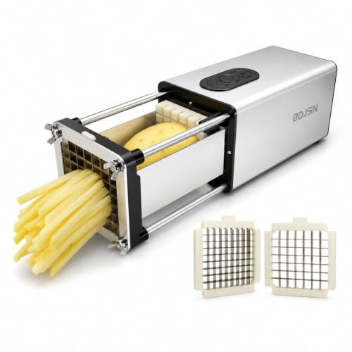 BDJSN Tagliapatate Fritte Elettrico, Tagliapatate Automatico con 2 Lame in Acciaio Inox, Misure di Taglio 1/2 & 3/8, Affettatrice Verdure A Un Tasto per Patate, Carote, Cetrioli, Cipolle Silver