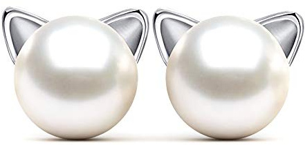Epoch World 8 mm kattpärla örhängen knopp för kvinnor, söt katt örhängen med naturlig pärla, kvinnor sötvattensodlade pärlknapp boll knoppörhängen 925 sterling silver - AAAA kvalitet (silver)
