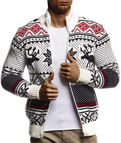 Leif Nelson Herren Strickjacke Stehkragen Norwegerjacke Schwarze Winterjacke Freizeitjacke Männer Jacke für Weihnachten Winter Norweger Muster Übergangsjacke Slim Fit LN20759 S Ecru