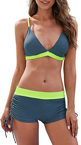 Durio Bikini Damen Set - Push up Bikini-Set Sport für Damen Sexy Oberteil Sportlich Boxer Shorts Farbblock Zweiteiliger mit Träger Verstellbar Hohe Taille Badeanzug Bademode