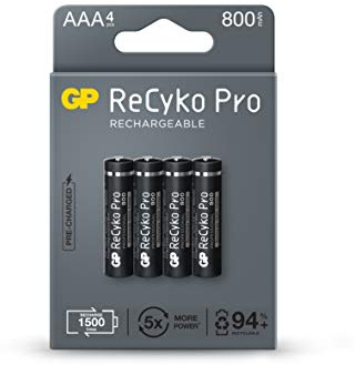 GP ReCyko Pro Baterías Recargables 800 mAh AAA Baterías precargadas Baterías Recargables | Ciclo de Vida masivo | Excelente Rendimiento | Ecológico - Paquete de 4