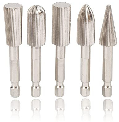 Wisoqu 5Pcs Rotary File Cutting Burrs,14in Hex Shank Double Cut Metal Grinder Drill Bit Set High Speed Steel Rotary File Set,for Carving Polishing
