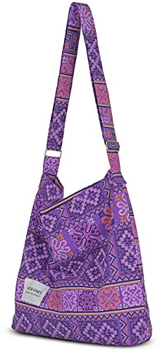 YOUR COZY Borsa a tracolla da donna retrò di grandi dimensioni in cotone, borsa a tracolla casual per shopping e viaggi, Tribe_viola, Large
