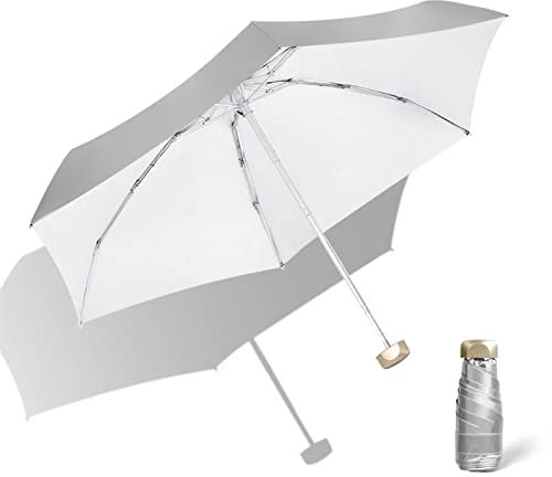 Meichoon Travel Mini Umbrella Lightweight Small 5 Folding 6 Ribs Compact Sun&Rain Waterproof Parasol with UPF 50+ UV Protection Suit for Pocket with Case White