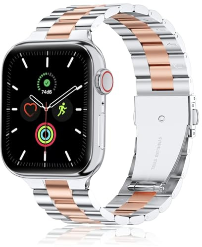 QAZNZ MetallArmband für Apple Watch 42mm(Series 11/10)40mm 41mm 38mm Herren | Edelstahl Ersatz Armbänder für iWatch Ultra 3 2 1,Series 10 9 8 7 6 5 4 3 2 1,SE 1-3,Damen Herren Business(Silber&Roségold)