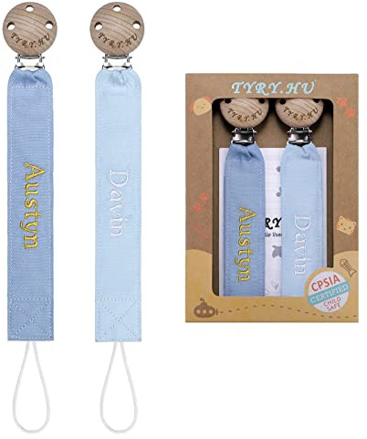 TYRY.HU Personalised Dummy Clips Boys Girls 2Pack Pacifer Chain Holder Set Soft Webbing DIY Customized Name Unisex Newborn Universal Dummies Baby Shower Blue+Light Blue