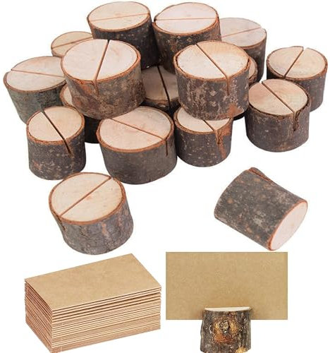 YUEMING 24 soportes para tarjetas de lugar, soporte para tarjetas de mesa de madera rústica, soporte para números con 24 soportes de menú de madera de papel kraft, soporte para tarjetas de notas para