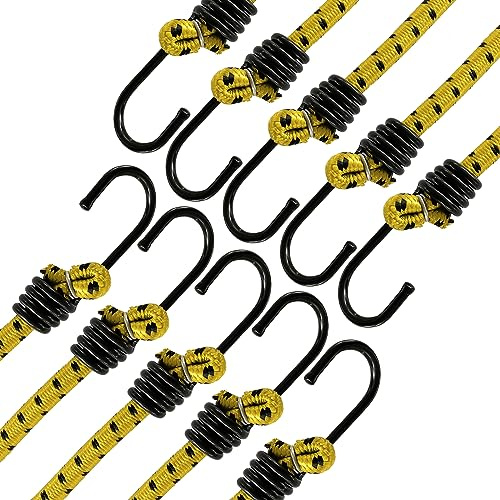 ANSIO Bungee Cords with Hooks 40 (100cm) Pack of 10 UV-Resistant Elastic Straps Ideal for Securing Luggage, Racks, Camps, Motorcycle, Tarps, Garden Furniture, Hand Truck, DIY Storage - Yellow