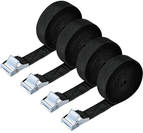 URAQT fästremmar, 4-pack tunga spännbälten, 6M justerbara lastremmar Spärrband för motorcykel, last, lastbil, släp, bagage, 250 kg lastkapacitet, snabbkoppling (svart)
