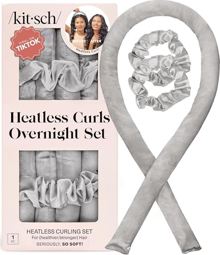Kitsch Satin Heatless Curling Set - Lockenwickler für Heatless Curls | Heatless Hair Curler & Hot Roller | Lockenwickler zum Schlafen | Heatless Curling Rod Stirnband | Heatless Curler (Silber)