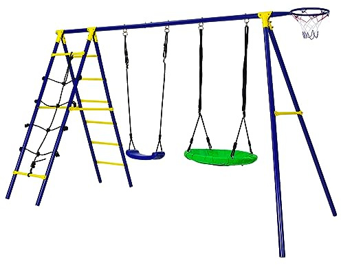GOPLUS 5 en 1 columpio exterior con pórtico y columpio, altura ajustable, con red de escalada, escalera, cesta de baloncesto, zona de juegos al aire libre para patio trasero, parque, carga 75 kg
