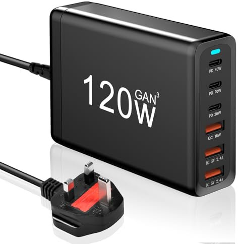 AXFEE Multi USB Charger, 120W USB C Fast Charger 6 Port USB C Plug, Portable USB and Type C Charging Station, Wall Charger Power Strip Adapter Compatible with iPhone/iPad/Airpods/Samsung/Huawei