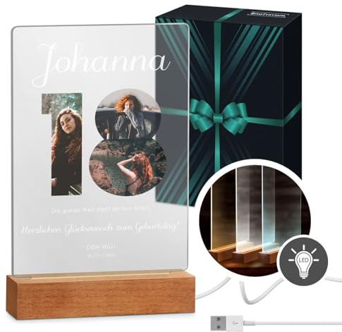 Maverton beleuchteter LED-Rahmen mit eigenem Foto - personalisiertes Acrylglasbild mit Holzständer mit LED-Beleuchtung - Glasfoto für Frauen zum Geburtstag - Größe: 15x24x4,5cm - 18. Geburtstag