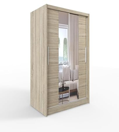 Easy4You C2 Sonoma Schiebetüren Kleiderschrank 150x200x58 cm mit Spiegel - Schlafzimmermöbel, Aufbewahrung - Mehrzweckschrank - Farbe: Sonoma