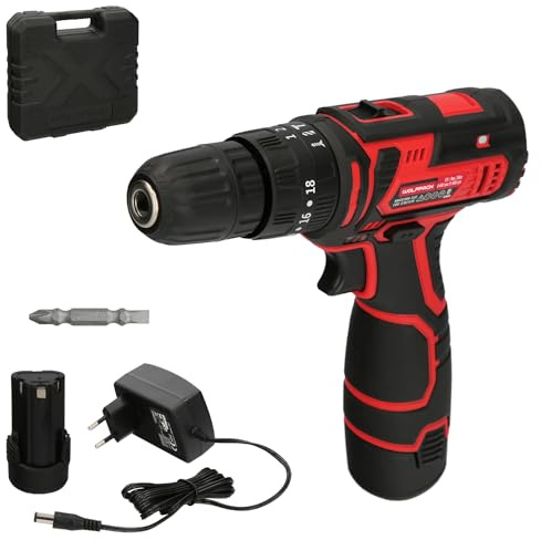 WOLFPACK LINEA PROFESIONAL Trapano avvitatore 12 V. Con 2 velocità e percussore. Batteria 1300 mAh. Coppia di serraggio 35 Nm. Marca