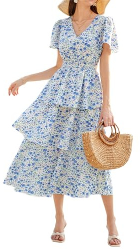 GRACE KARIN Damen Sommer V-Ausschnitt Kurzarm Blumenkleid Casual Strand Maxi Kleid Elegant A-Linie Freizeitkleid Urlaubskleid Hochzeit