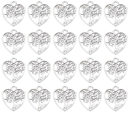 SUNNYCLUE 1 Scatola 100 Pezzi Ciondolo A Forma di Cuore Albero della Vita Sfuso Ciondolo Piccolo Albero Amore Argento Tibetano retrò Pianta Mentale Portafortuna per Creazione di Gioielli Forniture di