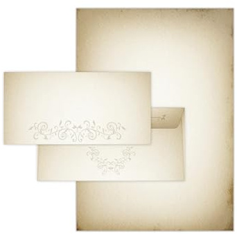 Briefpapier-Set 25 Motivpapier DIN A4 + 25 Umschläge DIN-lang vintage retro Mittelalter antik nostalgisch grün beidseitig beschriftbar und bedruckbar für Frühlingspost Taufe Kommunion Konfirmation