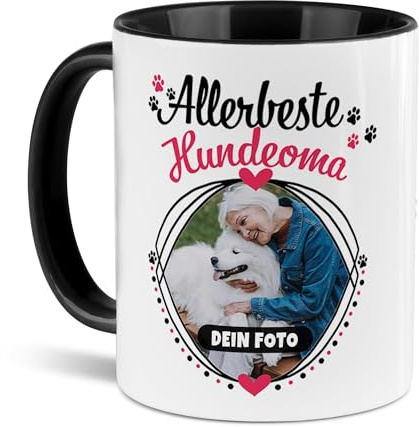 Tassendruck Hunde-Tasse mit Foto Allerbeste Hundeoma - Persönliches Geschenk für Hundefreunde zum Geburtstag | Personalisiertes Geschenk, 300 ml, Innen & Henkel Schwarz
