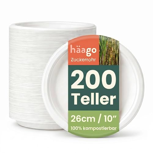 HAAGO 200 Zuckerrohr Einwegteller, 26cm - Pappteller, Partyteller für Geburtstage, Partys & Mehr - Stabil, Heim kompostierbar & Biologisch Abbaubar