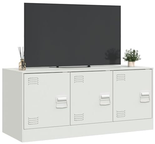 Gecheer TV-Schrank 3 Fächer mit Türen, Lowboard Fernsehschrank TV Möbel Tisch Sideboard Fernsehtisch Beistellschrank HiFi-Schrank TV-Board Schrank für Wohnzimmer, Weiß 99x39x44 cm Stahl