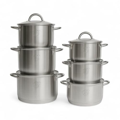 Royal Swiss® Batterie de Cuisine Inox 10 Pièces – Casseroles & Poêles avec Couvercles en Verre – Tous Feux – Acier Inoxydable Durable (12 pcs)