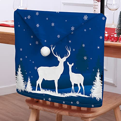 Morbuy Weihnachten Stuhlhussen 2/4/6/8er Set Nikolausmütze Esstisch Stühlen Set, Weihnachtsdeko Stuhlhussen Hussen für Weihnachtsfeier, Esszimmerstühle (4er Set,Blau-Hirsch)