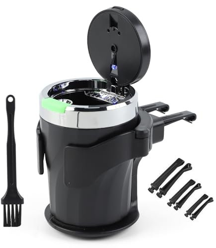 Posacenere auto, Geoyien Portacenere per auto, con supporto e spazzola di pulizia, Luce LED automatica, Sigillato, ignifugo, resistente ad alta temperatura, staccabile, grande capacità