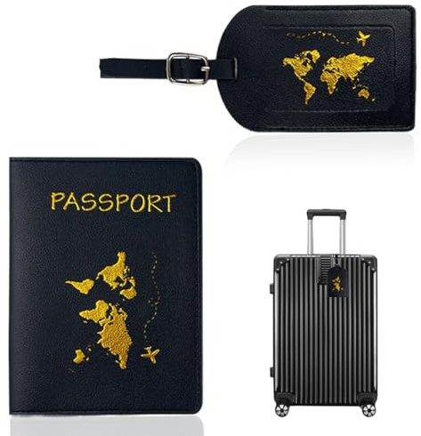 JEYORZY Étiquette Bagage et Couvertures de Passeport, 1pc PU Cuir Etiquette Valise, 1pc Porte Passeport Voyage, Étui de passeport, Étiquettes de Bagage pour Prévenir la Perte des Sacs et Valises, Noir