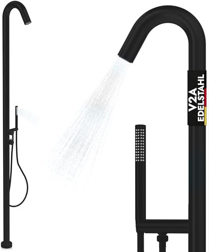 LAWA Living and Lifestyle Gartendusche Außendusche V2A / 304 Edelstahl mit 2 Anschlüssen Warmwasser- Kaltwasseranschluss Pooldusche mit Handbrause Garten Aussendusche Sauna Dusche (Schwarz)