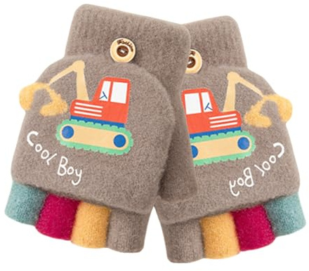 OTKARXUS Guantes sin dedos para niños, 1 par de guantes convertibles de excavadora de dibujos animados, guantes cálidos de invierno de punto medio dedo para niños y niñas de 2 a 8 años, café, Taille