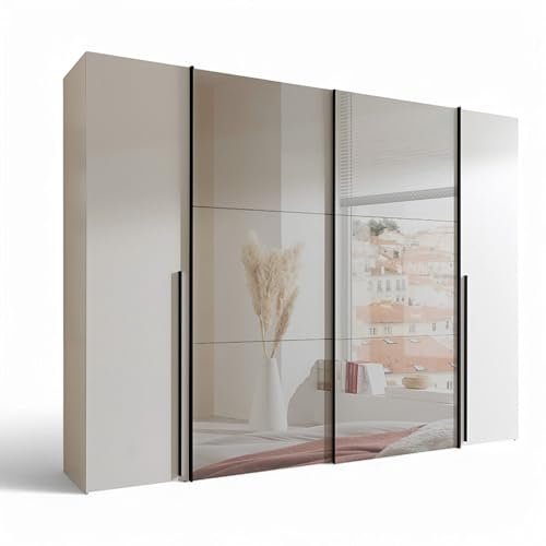 Stella Trading MATURS Kleiderschrank mit Spiegeltüren in Weiß - Vielseitiger Schwebetürenschrank 4-türig für Ihr Schlafzimmer - 267 x 205 x 57 cm (B/H/T)