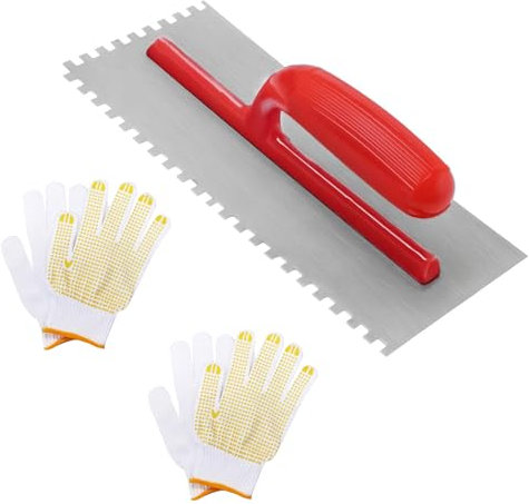 YGCQFH 280mm x 120mm Notched Tile Trowel, Tiling Trowel for Tile Adhesive, Stainless Steel Tile Adhesive Spreader with 2 Anti-Slip Gloves, Multi-use Plastering, Bricklaying & Flooring Tool