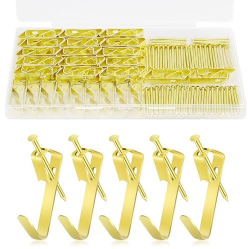 vsshe Kit per appendere quadri, 160 Pezzi Ganci per quadri resistenti, Gancis per cornici con chiodi, Kit di Gancis Cornice per Pareti Dure reggono 30 libbre (30LB), per pareti dure,ufficio, casa, oro