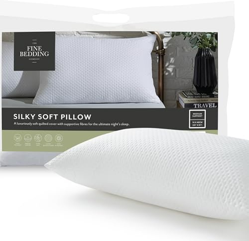 The Fine Bedding Company Silky Soft Pillow – Medium Pillow with Flowfiil Fibres, Pillows for Side Sleepers & Back Sleepers, Hypoallergenic, Machine Washable – Single (1 Pack)