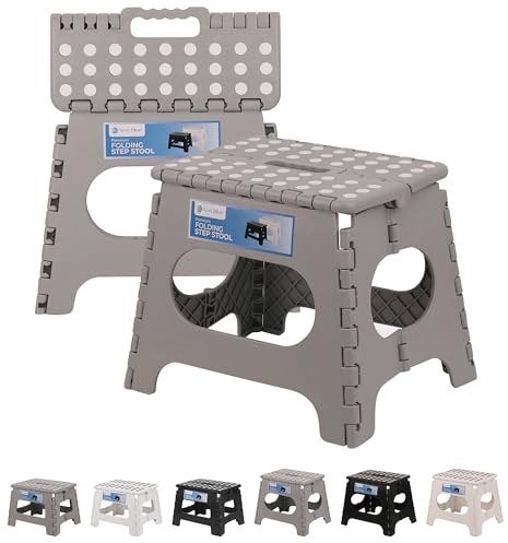 Trimming Shop Heavy Duty 11 Inch Folding Step Stool with Carry Handle Anti Slip Surface, Portable Plastic Foldable Camping Stool for Kitchen Bathroom Indoor/Outdoor, 330lbs Load Capacity - Light Grey