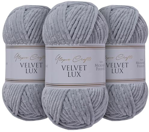 Utopia Crafts Velvet Lux Chenille Wolle 3×100g – Superweiche Häkelwolle & Strickwolle für Decken, Spielzeug, Amigurumi – Häkelnadel 5,5mm, Flauschig (Grau)
