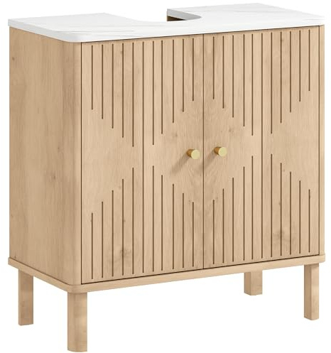 HOMCOM Meuble sous lavabo, Meuble de Salle de Bain sous Vasque avec étagère réglable et Plan de Toilette Effet marbre pour Vasque avec ou sans piédestal, 60 x 30 x 63 cm, chêne