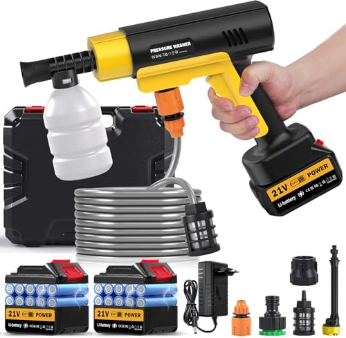 Hidrolimpiadora de Bateria, 21V Hidrolimpiadora de Alta Presión Portátil, 130Bar Pistola Agua Presion Bateria, con Boquilla Multifunción para y 2 Baterías de 3000mAh Adecuado para Varios Coches/Jard