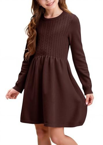Haloumoning - Vestito a maniche lunghe per ragazze, in maglia con motivo a treccia, linea A, per il tempo libero, autunno, elegante, per feste, invernale, marrone, 4- 6 anni