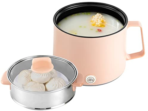 Mini casserole électrique, 1,7 l, avec cuiseur vapeur, mijoteuse 600 W, revêtement anti-adhésif, en acier inoxydable, deux niveaux de puissance 300 W/600 W, pour ramen, soupe et fondue