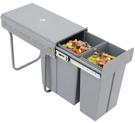 BbqLiaxon Pull Out Trash Can Under Cabinet, 20L+10L Built-in Pull-Out Waste Separation System, Heavy Duty Under Sink Garbage Bin on Full-Extension Rail, Easy to Clean
