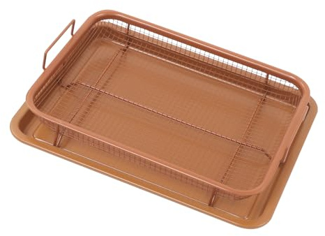 Grillkorb für den Backofen, Rechteckig Backofen-Backkorb mit Blech, Crisping-Backblech, für Gebratenes Hühnchen, Fisch, knuspriges Gemüse, 32.5x24.5x5.2CM (Antiker Messing)